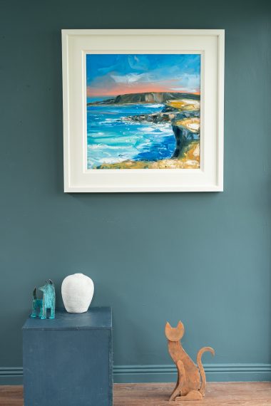 The artist David Coyne for Kilbaha Gallery Ireland Original Irish Art Wild Atlantic Way Rolling Tide Waves Rocks stones movement beautiful painting oils on canvas Irish Interiors Cliff Coast Wild Waves Ireland West of Ireland vivid colours blues and greens